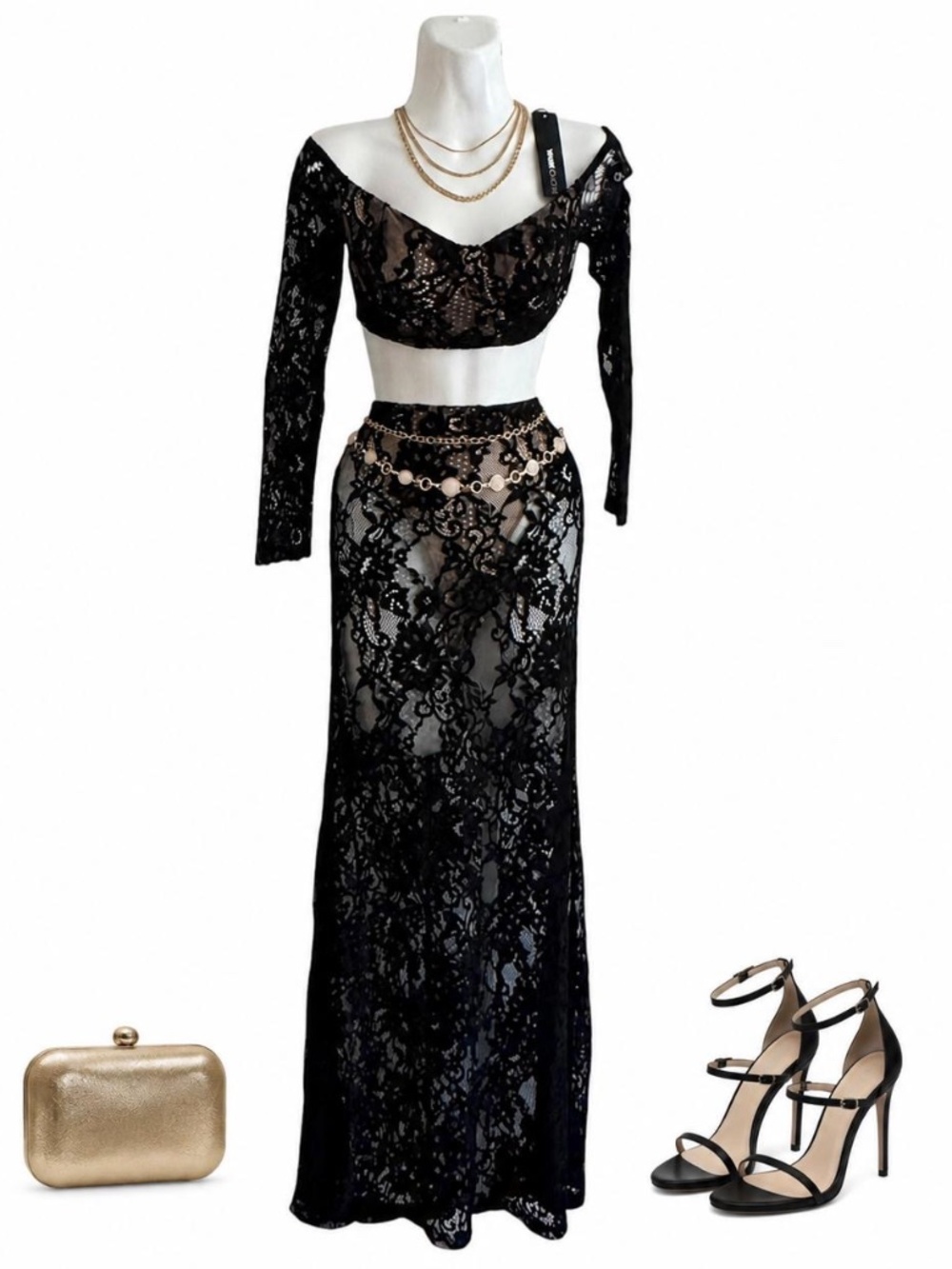 Fashion Nova NWT Black Lace Two Piece Maxi Set Size Small
